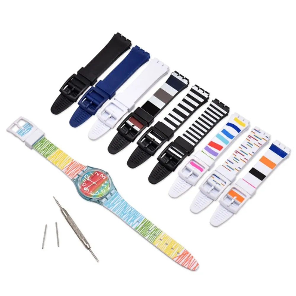 17mm Universal stripe printed silicone watch strap - White in five color line