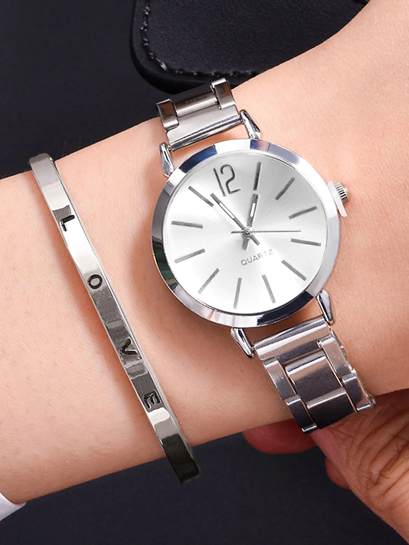 1pc Simple Round Pointer Quartz Watch With 1pc Bracelet