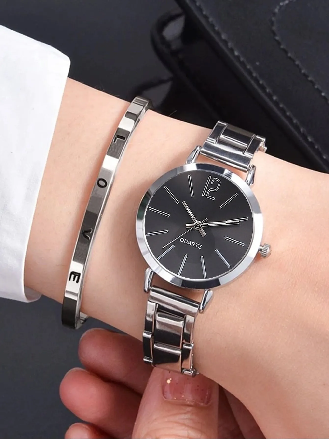 1pc Simple Round Pointer Quartz Watch With 1pc Bracelet