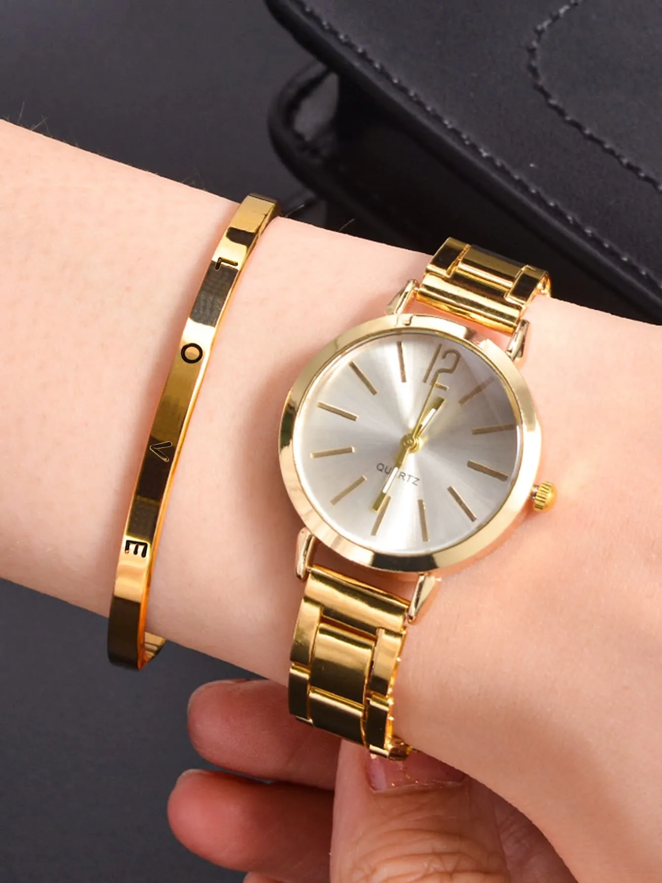 1pc Simple Round Pointer Quartz Watch With 1pc Bracelet