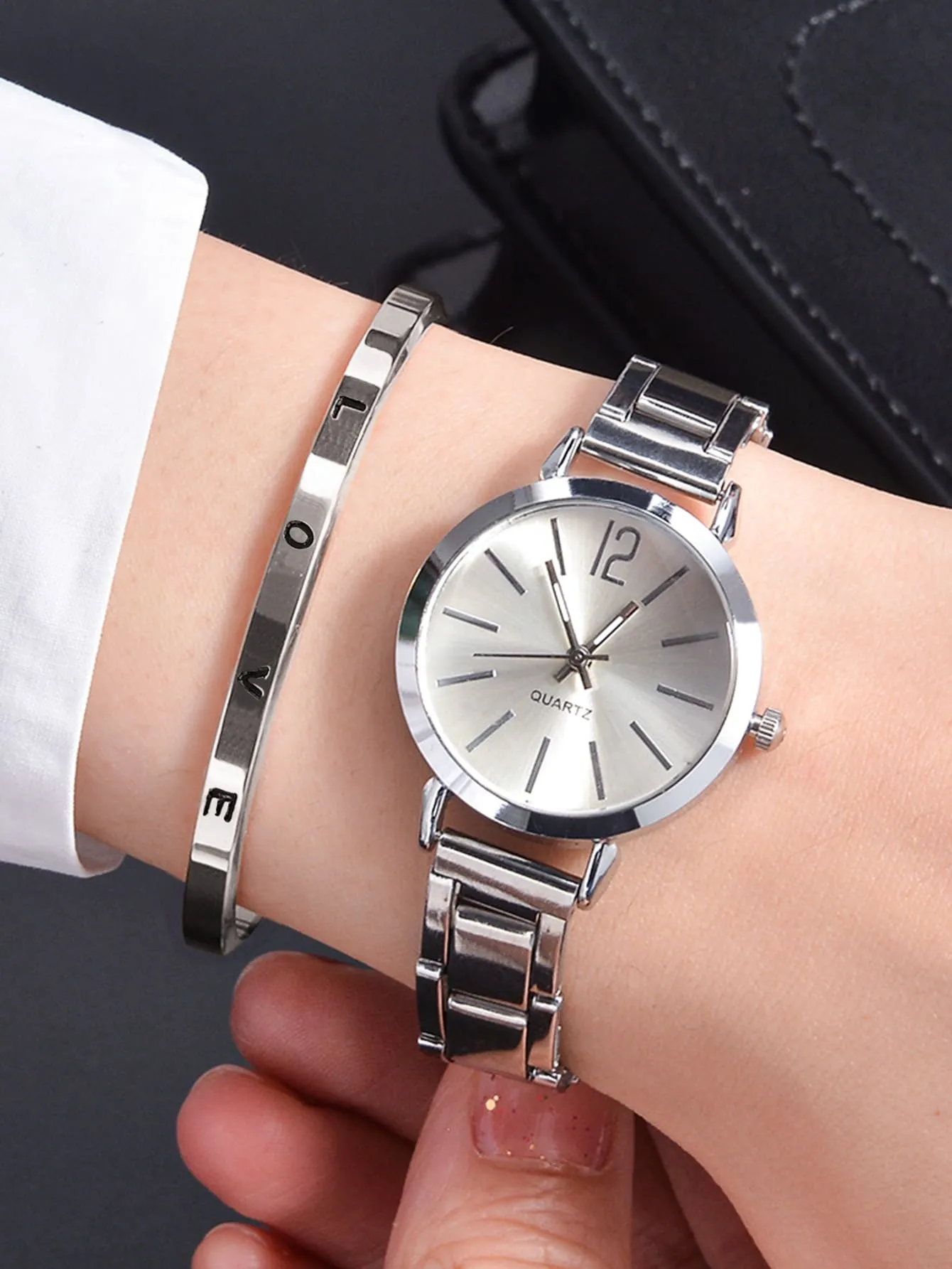 1pc Simple Round Pointer Quartz Watch With 1pc Bracelet