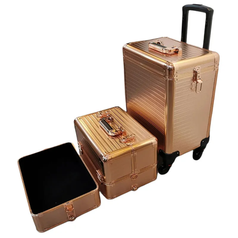 4-In-1 Professional Aluminum Rolling Makeup Case With Wheels- Y160-1 Rose Gold