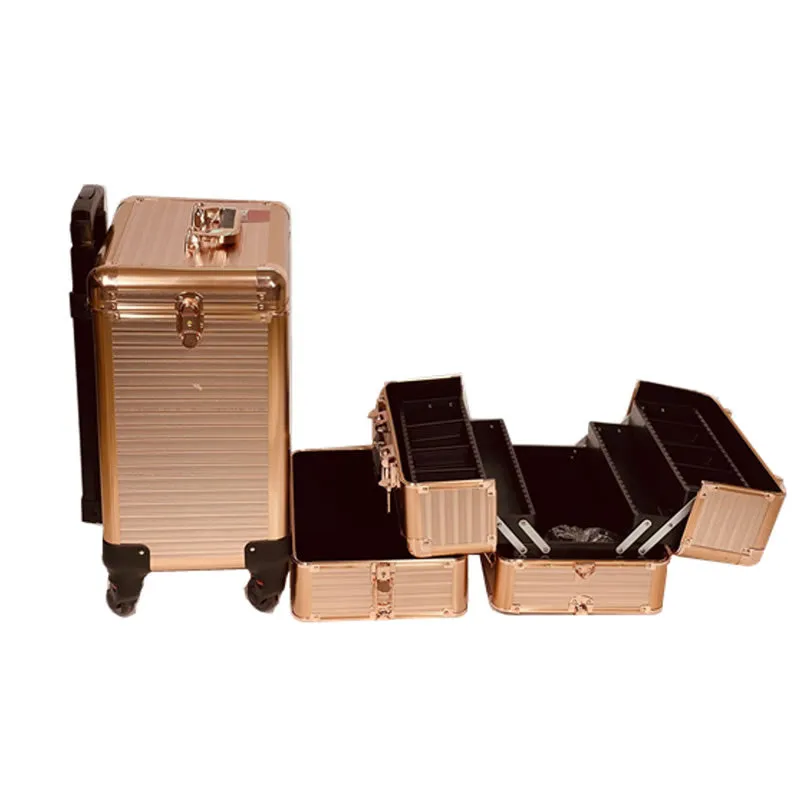 4-In-1 Professional Aluminum Rolling Makeup Case With Wheels- Y160-1 Rose Gold