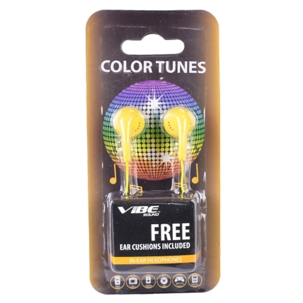 (48-Pack) Vibe Color Tunes VS-120-YLW In-Ear Stereo Headphones (Yellow) - Retail Hanging Package