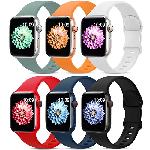 6 Pack Sport Bands Compatible with Apple Watch Band 38mm 40mm 41mm 42mm 44mm 45mm 49mm,Soft Silicone Waterproof Strap Compatible with iWatch Apple Watch Series 9 Ultra 8 7 6 5 4 3 2 1 SE Women Men