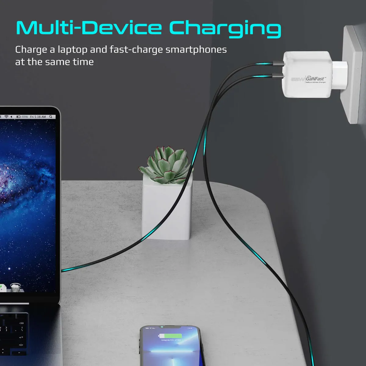 65W Super Speed GaNFast® Charging Adapter with Dual USB Ports