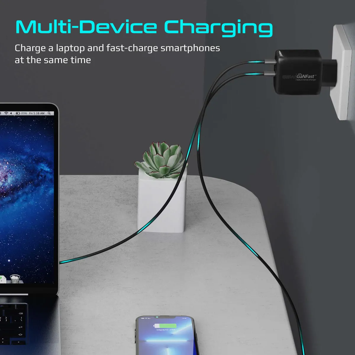 65W Super Speed GaNFast® Charging Adapter with Dual USB Ports