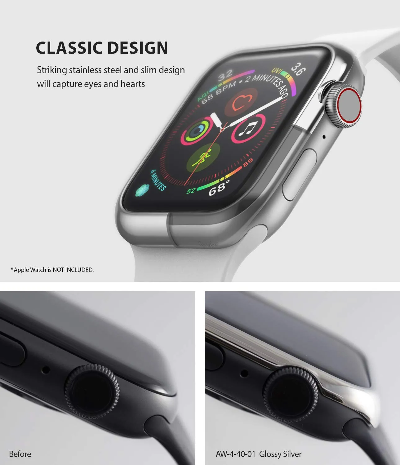 Bezel Styling for Apple Watch 40mm for Series 4 (2018) (AW4-40-01) -  [Stainless Steel] Glossy Silver