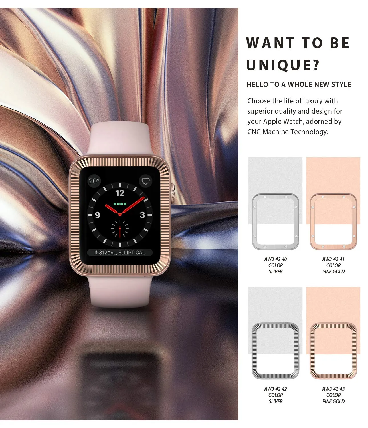 Bezel Styling for Apple Watch 42mm for Series 3 / Series 2 / Series 1 - Matte Rose Gold (AW3-42-43) [Stainless Steel]