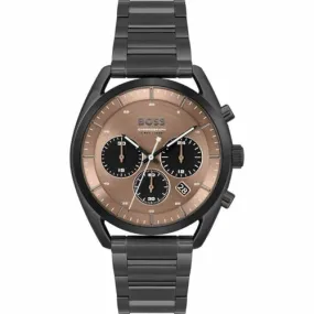 BOSS Top Qtz Fashion Chrono Brown Round Dial Men's Watch|Ionic Plated Black Steel Material|Black Color Band - 1514095