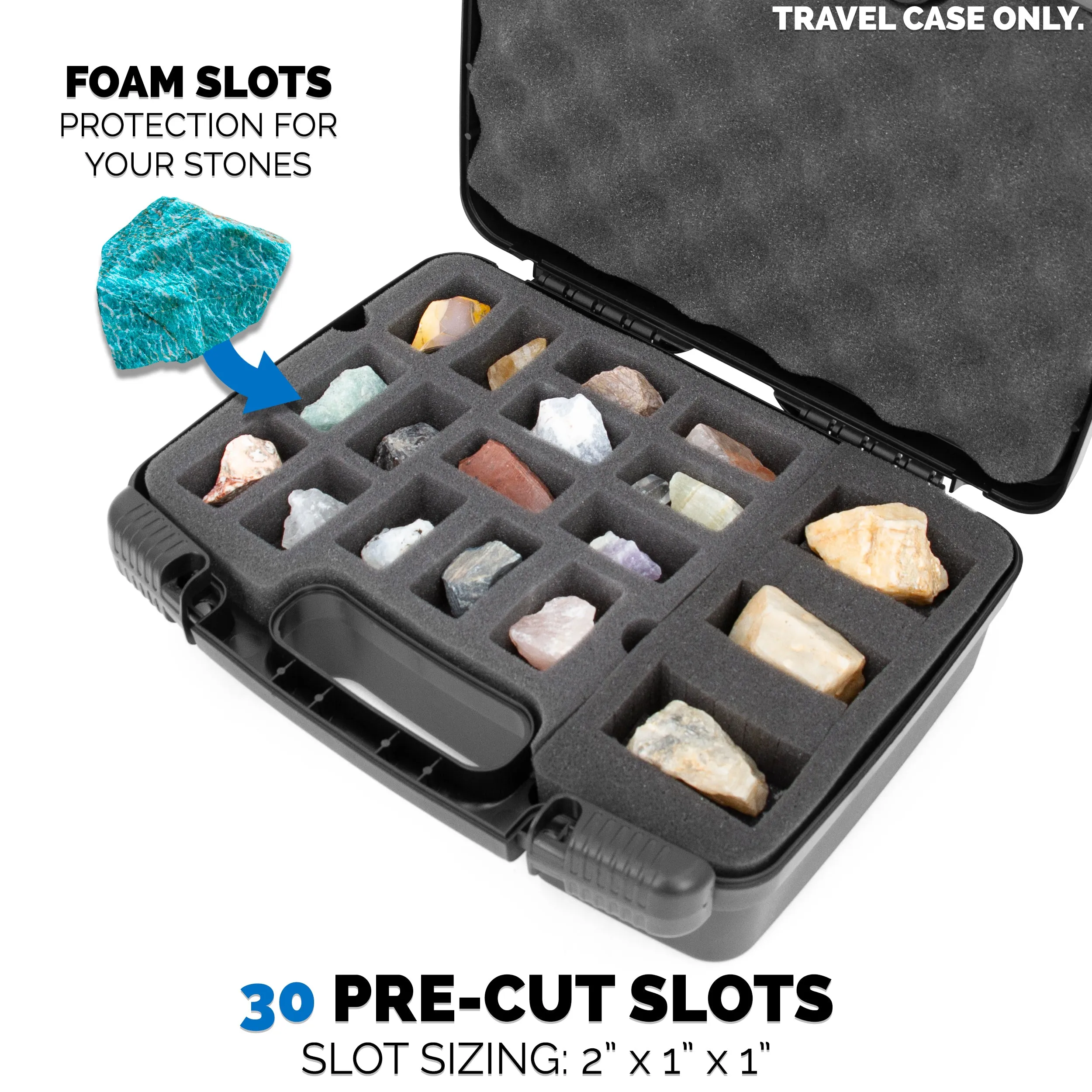 CASEMATIX Rock Collection Travel Case - 30 Slot Rock Collection Box with Two Pre-Cut Foam Trays - Protective Crystal Storage Travel Case Only