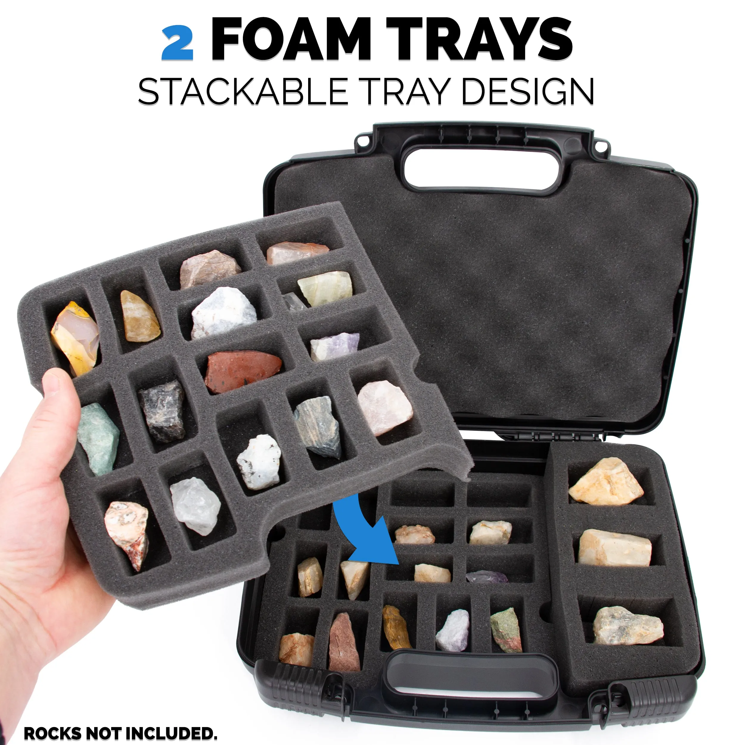 CASEMATIX Rock Collection Travel Case - 30 Slot Rock Collection Box with Two Pre-Cut Foam Trays - Protective Crystal Storage Travel Case Only