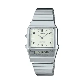 Casio Duo Retro Colour Dual Time Alarm StopwatchWhite Face Stainless Steel Band AQ800E-7A2