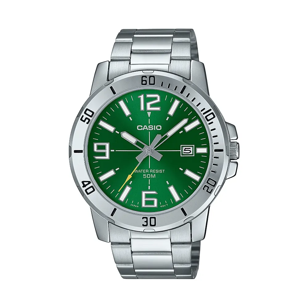 Casio Gent Analogue 50M Water Resistant Green Face Stainless Steel Band MTPVD01D-3B