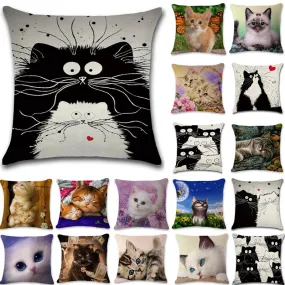 Cat Pattern Cotton Linen Throw Pillow Cushion Cover Seat