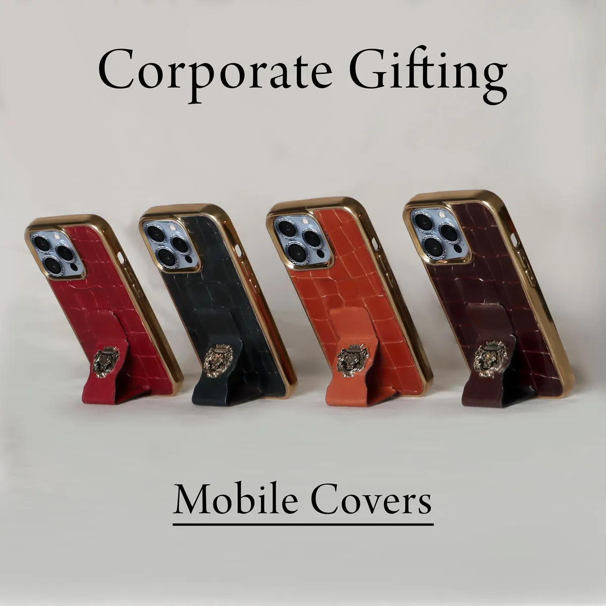 Corporate Gifting Customized Services Golden Rim Deep Cut Leather Mobile Cover With Holding Strap Cum Stand Bulk Order(Reference Price for 1 Unit)