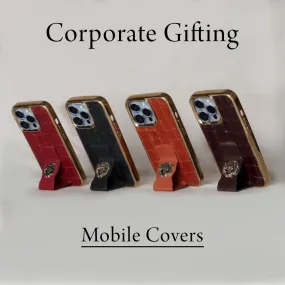 Corporate Gifting Customized Services Golden Rim Deep Cut Leather Mobile Cover With Holding Strap Cum Stand Bulk Order(Reference Price for 1 Unit)