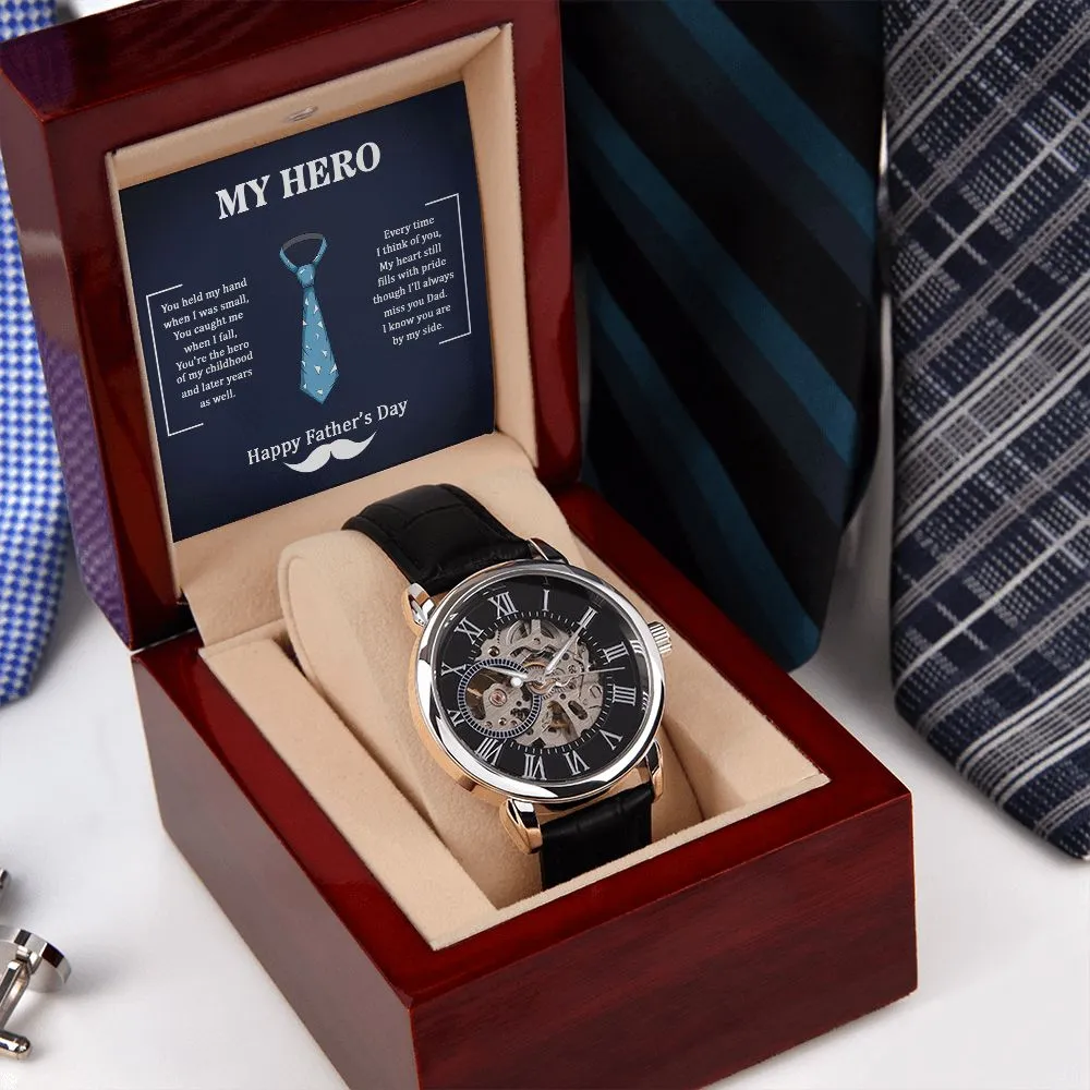 Dad my Hero Men's Openwork Watch with Mahogany Box