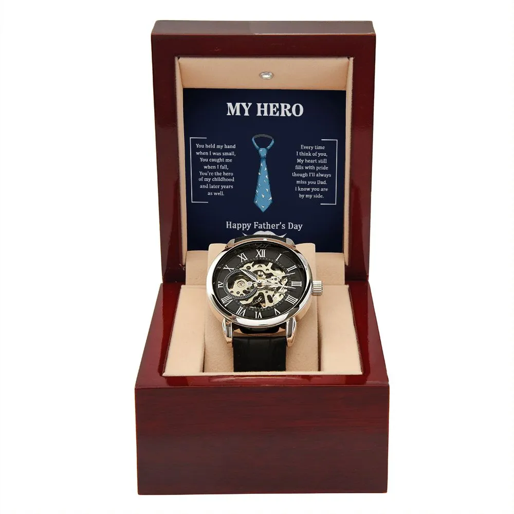 Dad my Hero Men's Openwork Watch with Mahogany Box