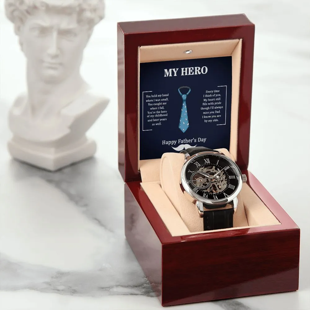 Dad my Hero Men's Openwork Watch with Mahogany Box