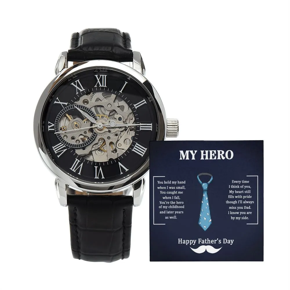 Dad my Hero Men's Openwork Watch with Mahogany Box