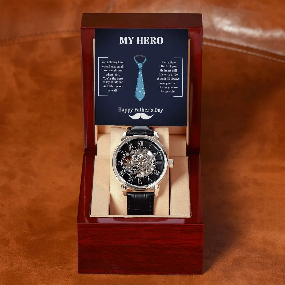 Dad my Hero Men's Openwork Watch with Mahogany Box