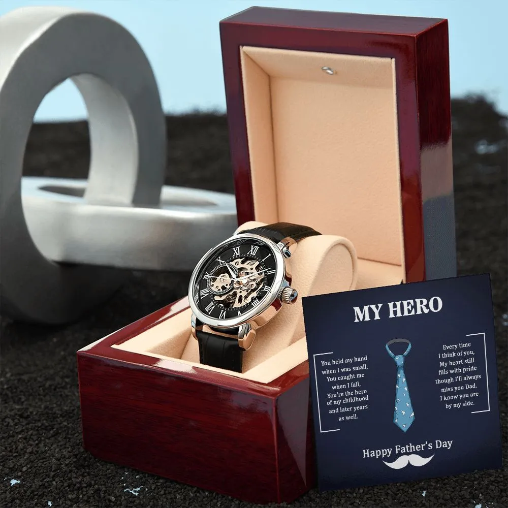 Dad my Hero Men's Openwork Watch with Mahogany Box