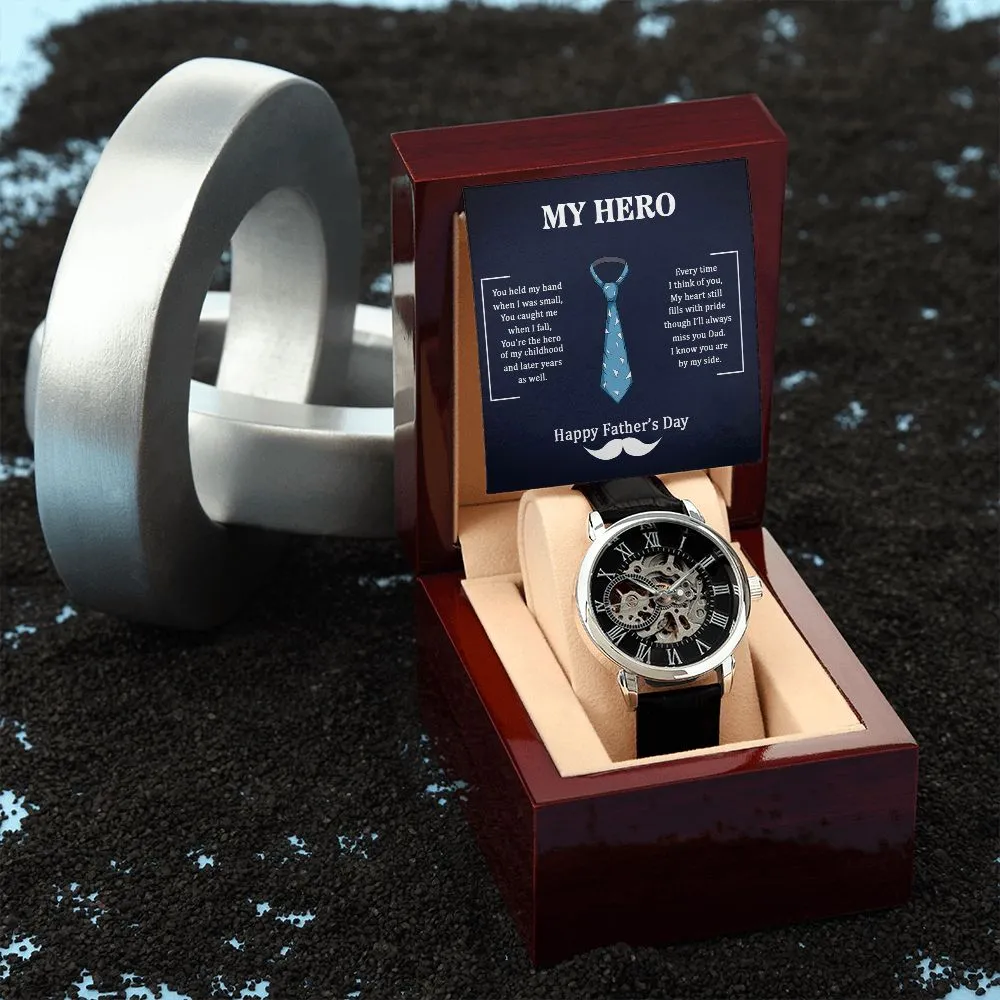 Dad my Hero Men's Openwork Watch with Mahogany Box