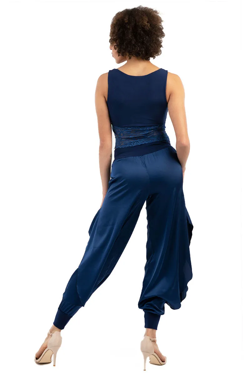 Electric Blue Satin Pants With Slits And Ankle Cuffs (M)