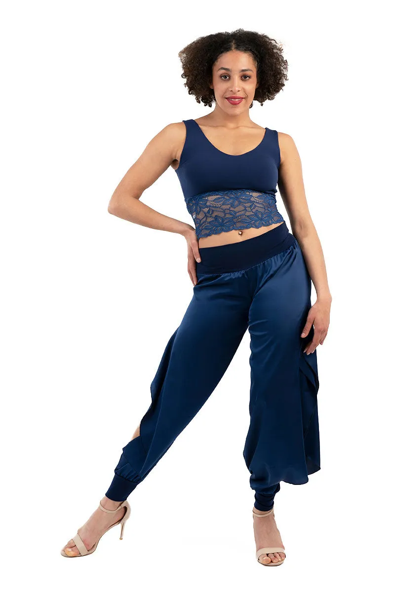 Electric Blue Satin Pants With Slits And Ankle Cuffs (M)