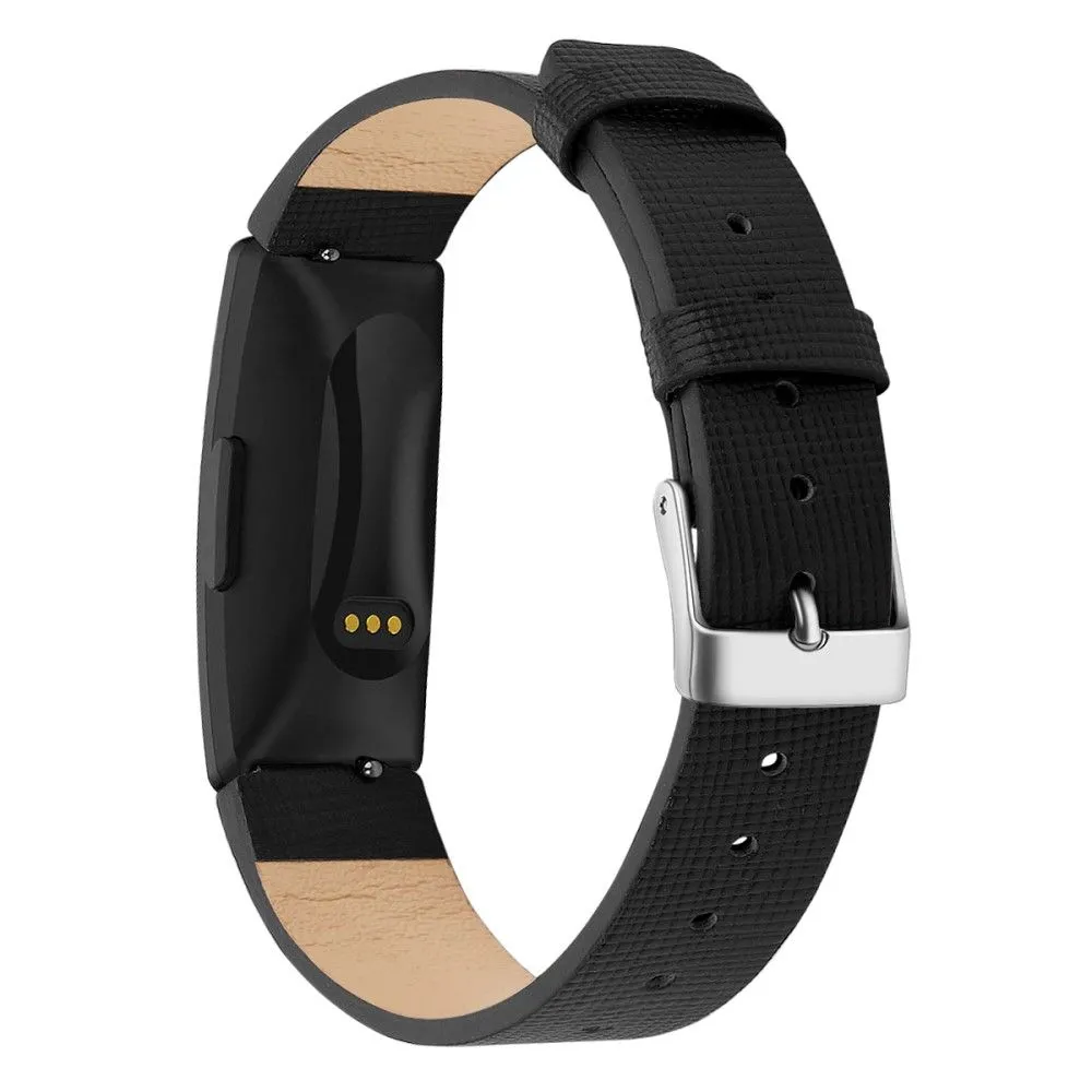 Fitbit Inspire / Inspire HR square pattern genuine leather watch strap - Black / Size: L