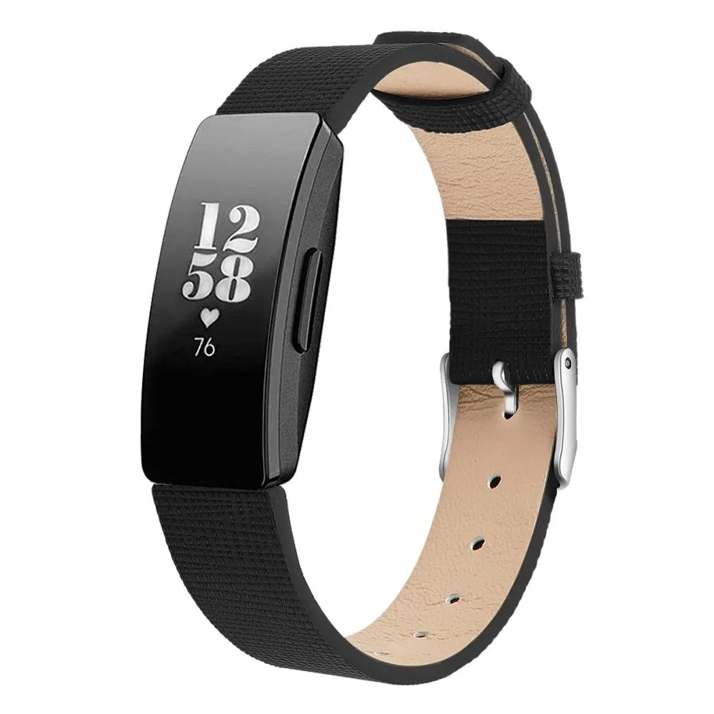 Fitbit Inspire / Inspire HR square pattern genuine leather watch strap - Black / Size: L