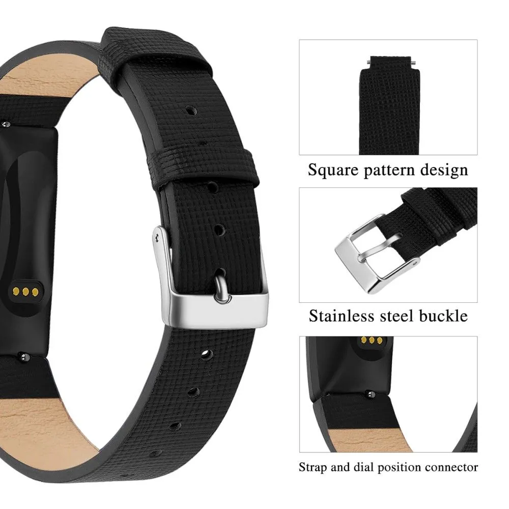 Fitbit Inspire / Inspire HR square pattern genuine leather watch strap - Black / Size: L