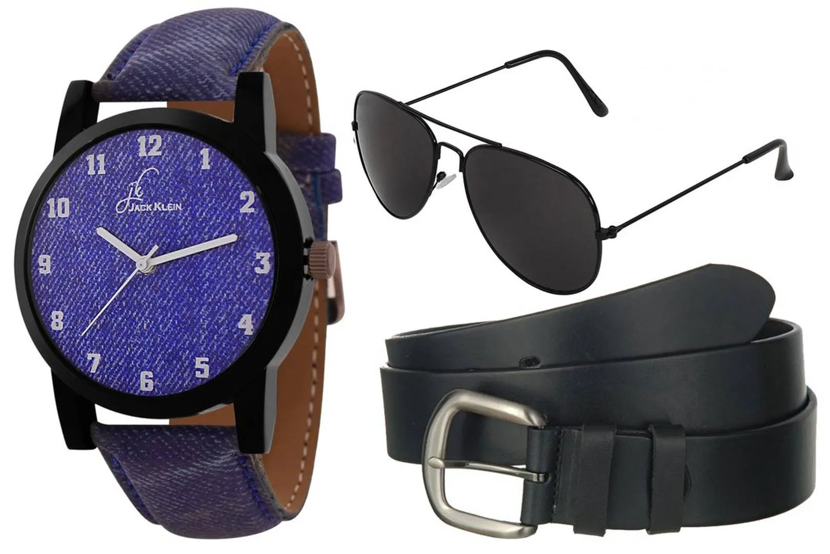 Fully Denim Finish Analog Wrist Watch With  Belt And Aviator Glasses