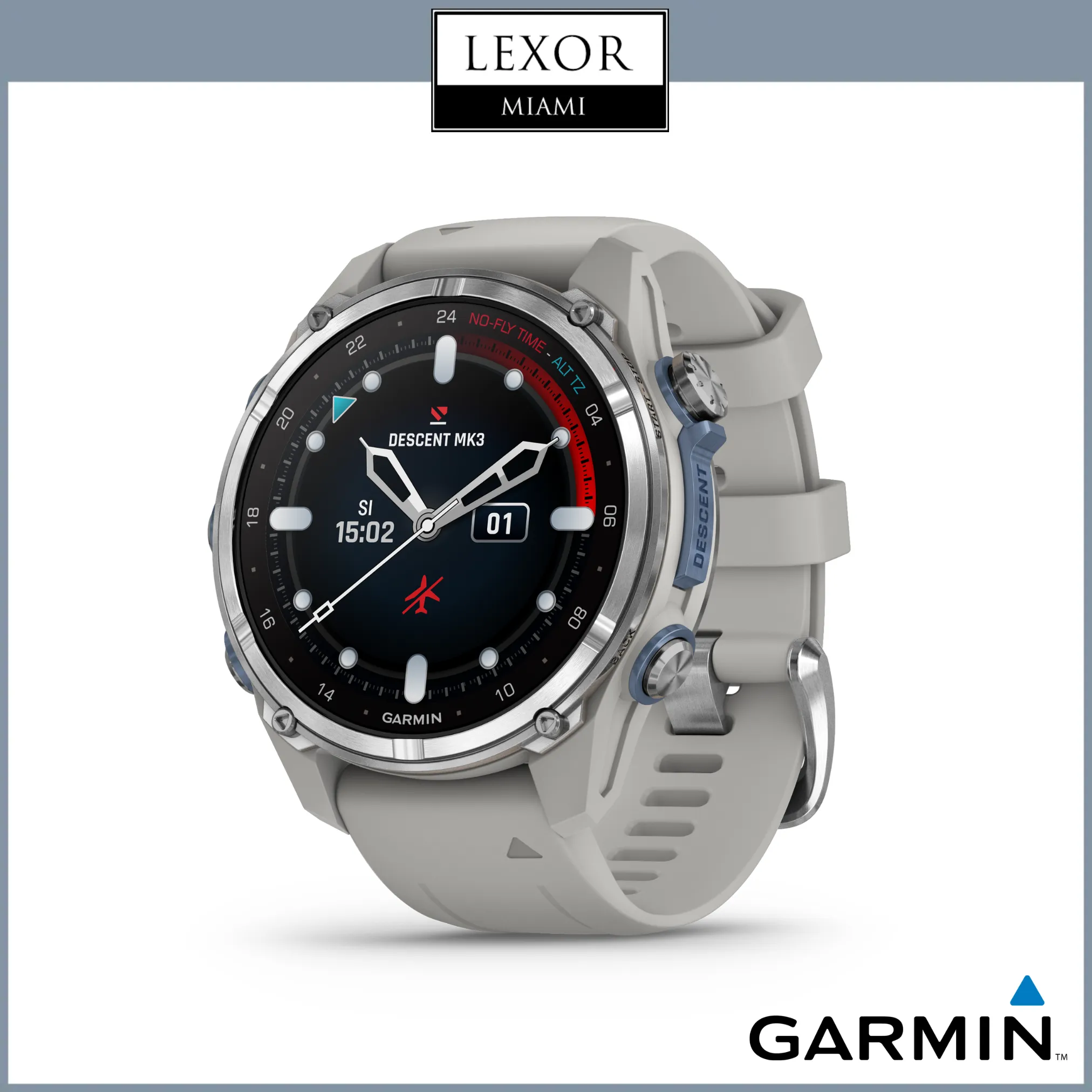 Garmin Descent™ Mk3 – 43 mm, Stainless Steel with Fog Gray Silicone Band 010-02753-03 Watches UPC  753759333027