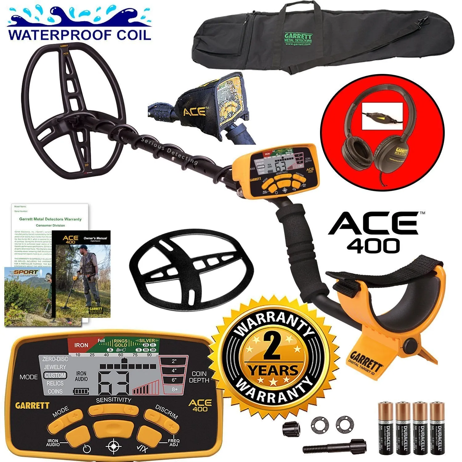 Garrett ACE 400 Metal Detector with DD Waterproof Search Coil and Carry Bag