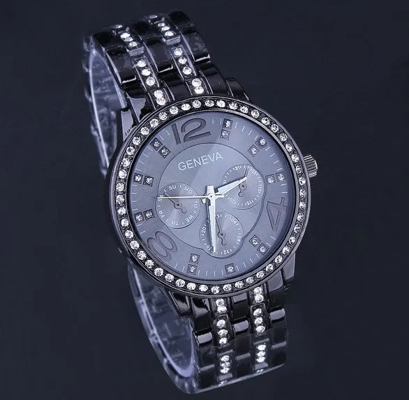 Geneva Watch Full Steel Watches Women dress Rhinestone Analog wristwatches Ladies Quartz watches