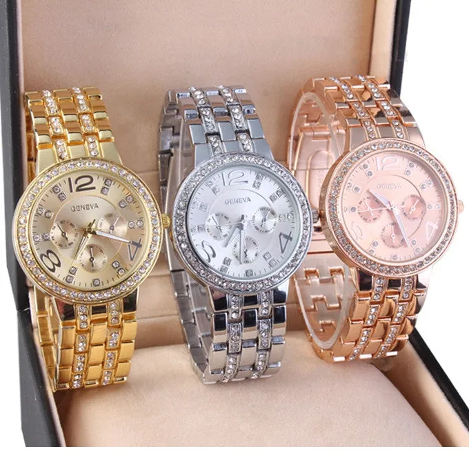 Geneva Watch Full Steel Watches Women dress Rhinestone Analog wristwatches Ladies Quartz watches