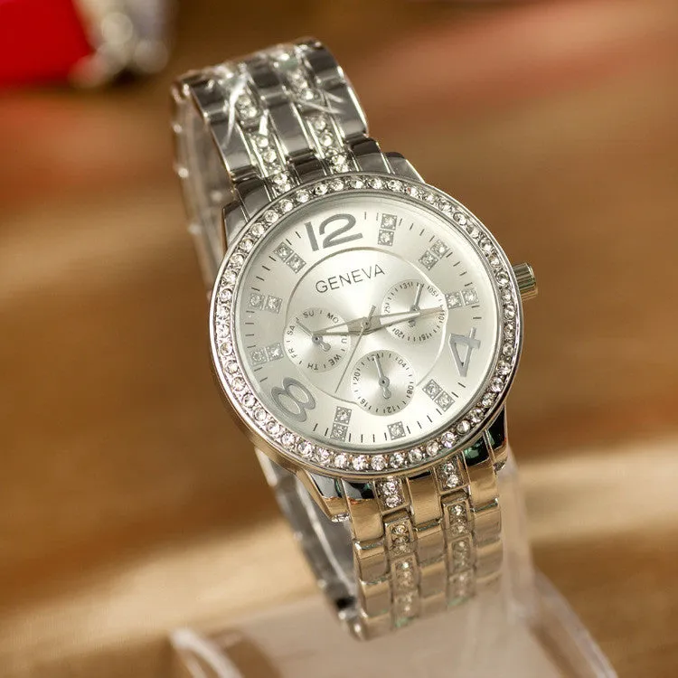 Geneva Watch Full Steel Watches Women dress Rhinestone Analog wristwatches Ladies Quartz watches