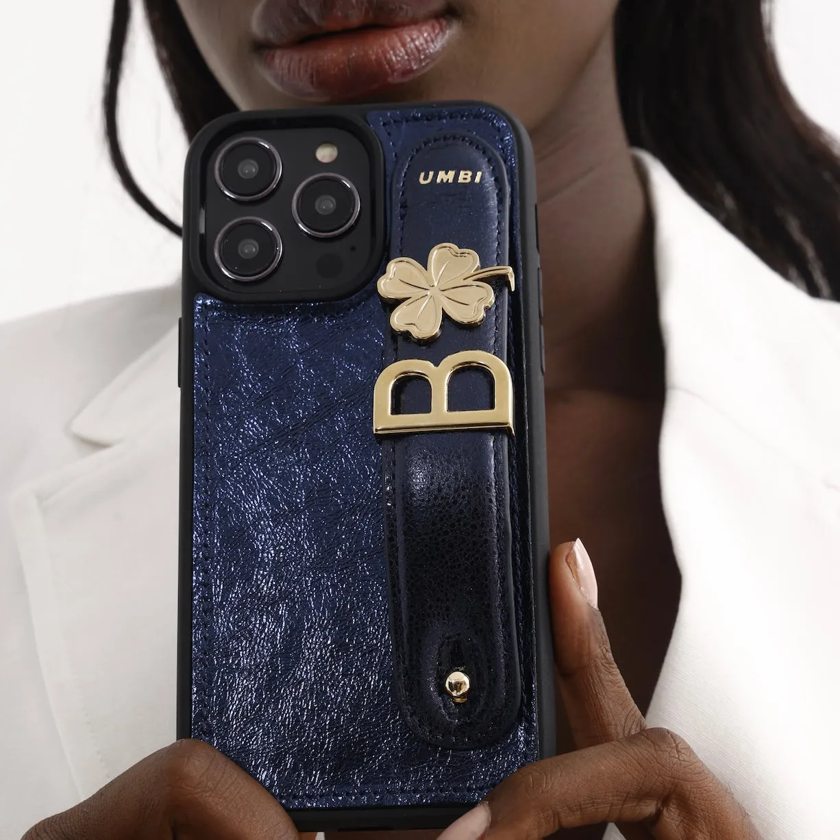 GLAM. Personalized Leather iPhone Case - Navy Blue/Gold