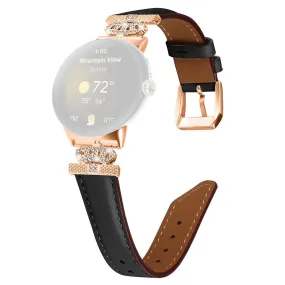 Google Pixel Watch 1 / 2 / 3 Læder Rem m. Rose Gold Rhinsten Spænde - Sort