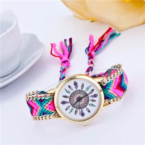 Handmade Braided Friendship Bracelet Watch New arrival feather HandWoven wristwatch Ladies Quarzt gold Watch women dress watches