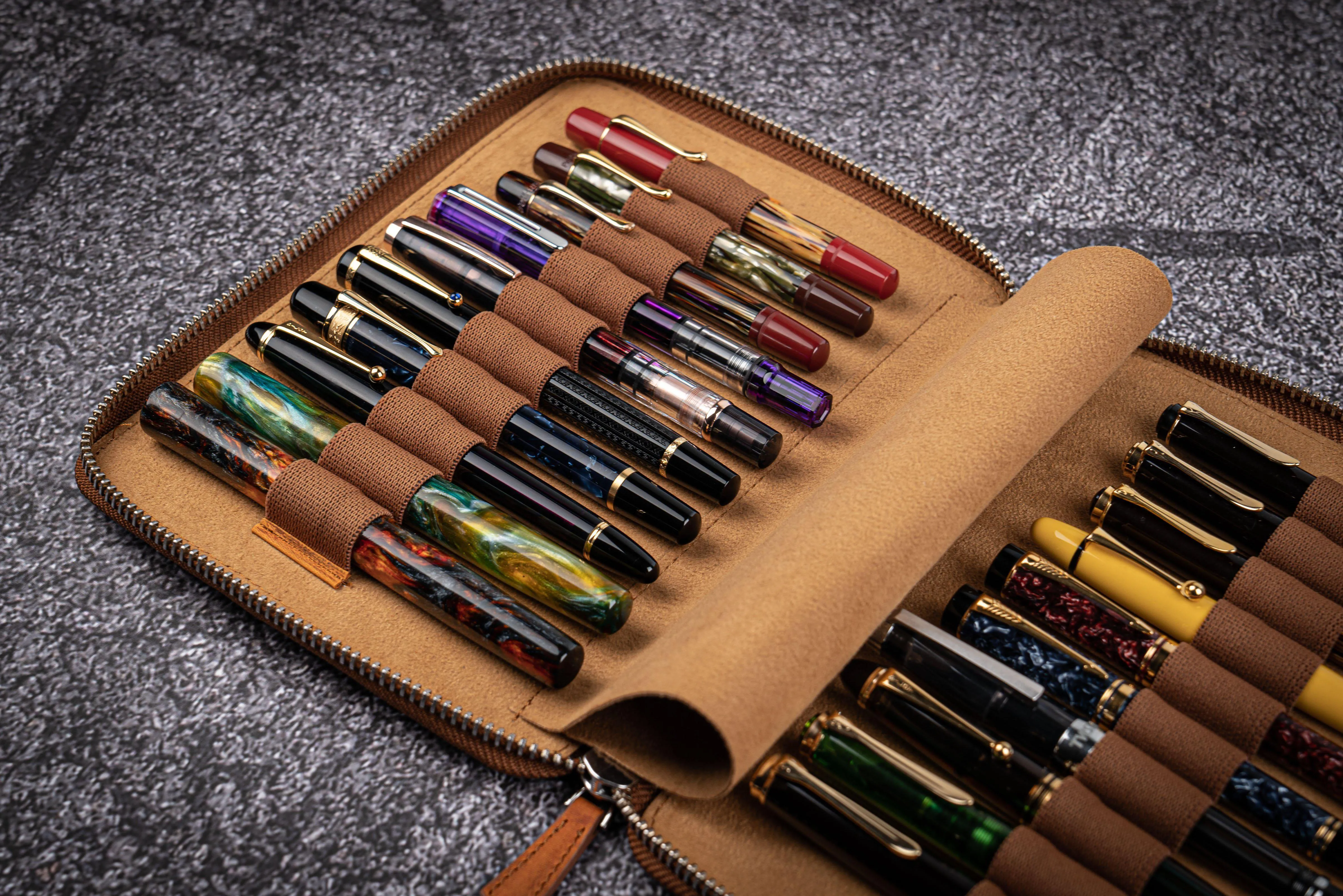 Leather Zippered 20 Slots Pen Case - Crazy Horse Brown