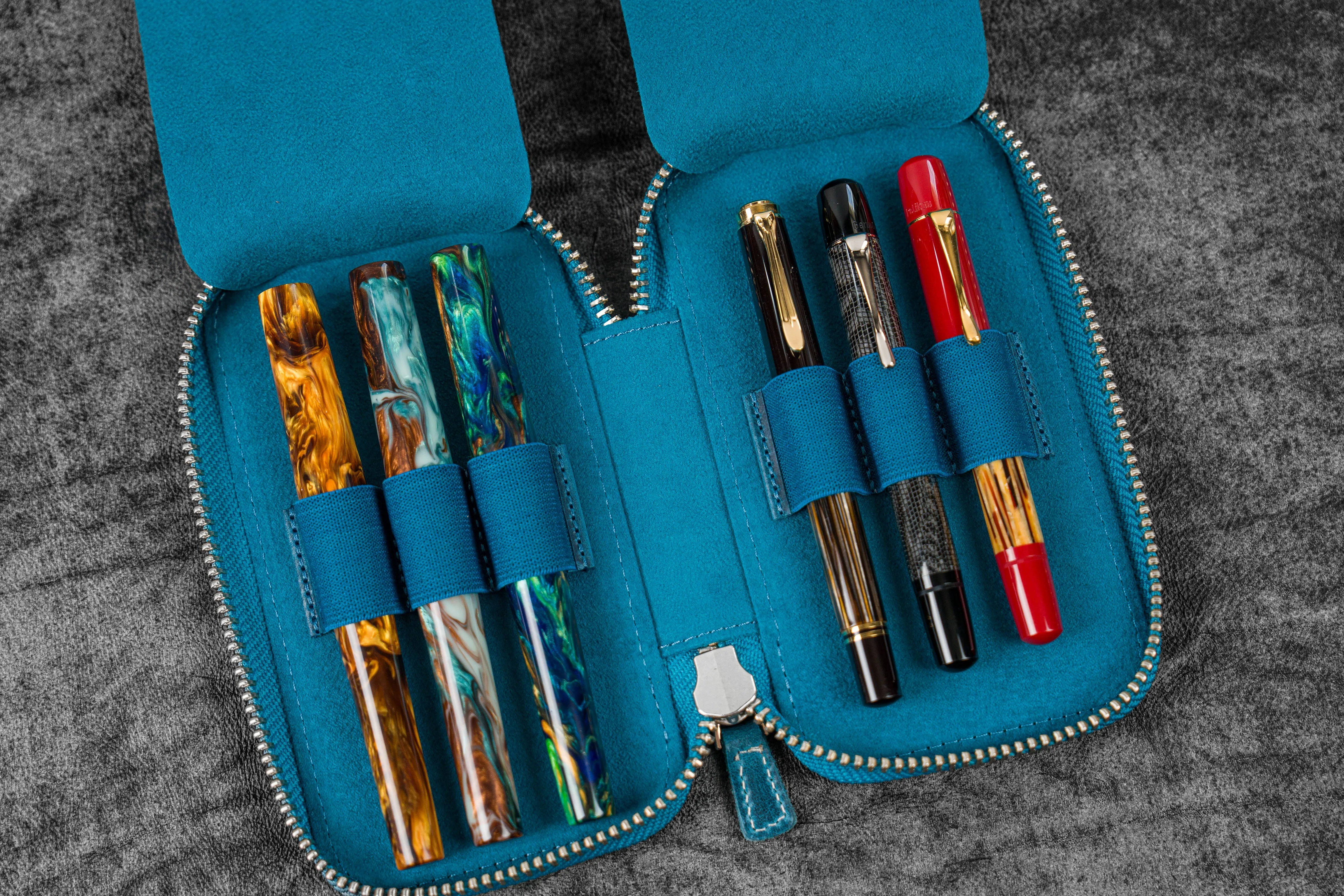 Leather Zippered 6 Slots Pen Case - C.H. Ocean Blue