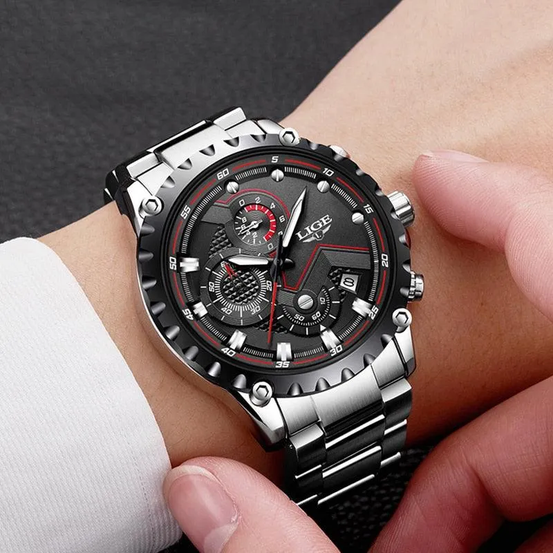 LIGE Fashion Mens Watches Top Luxury Brand Silver Stainless Steel 30m Waterproof Quartz Watch for Men Army Military Chronograph