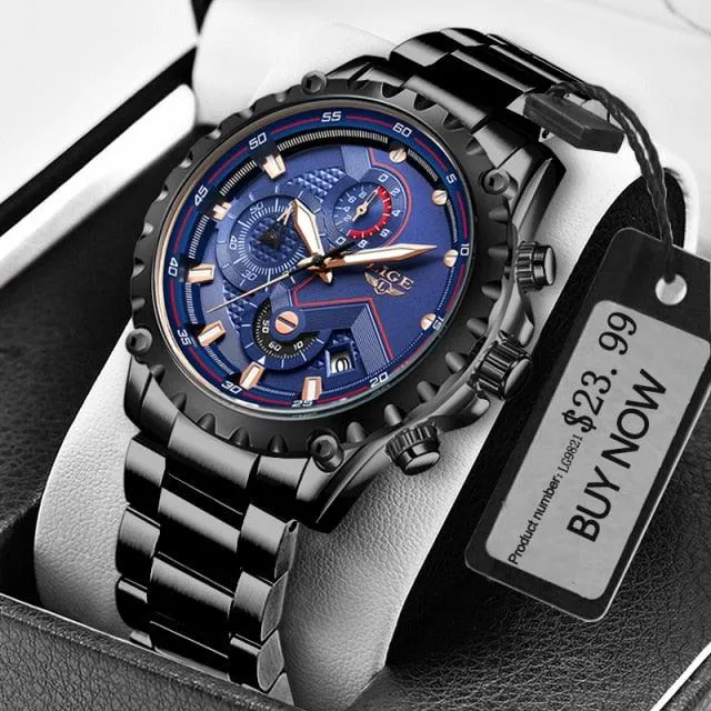 LIGE Fashion Mens Watches Top Luxury Brand Silver Stainless Steel 30m Waterproof Quartz Watch for Men Army Military Chronograph