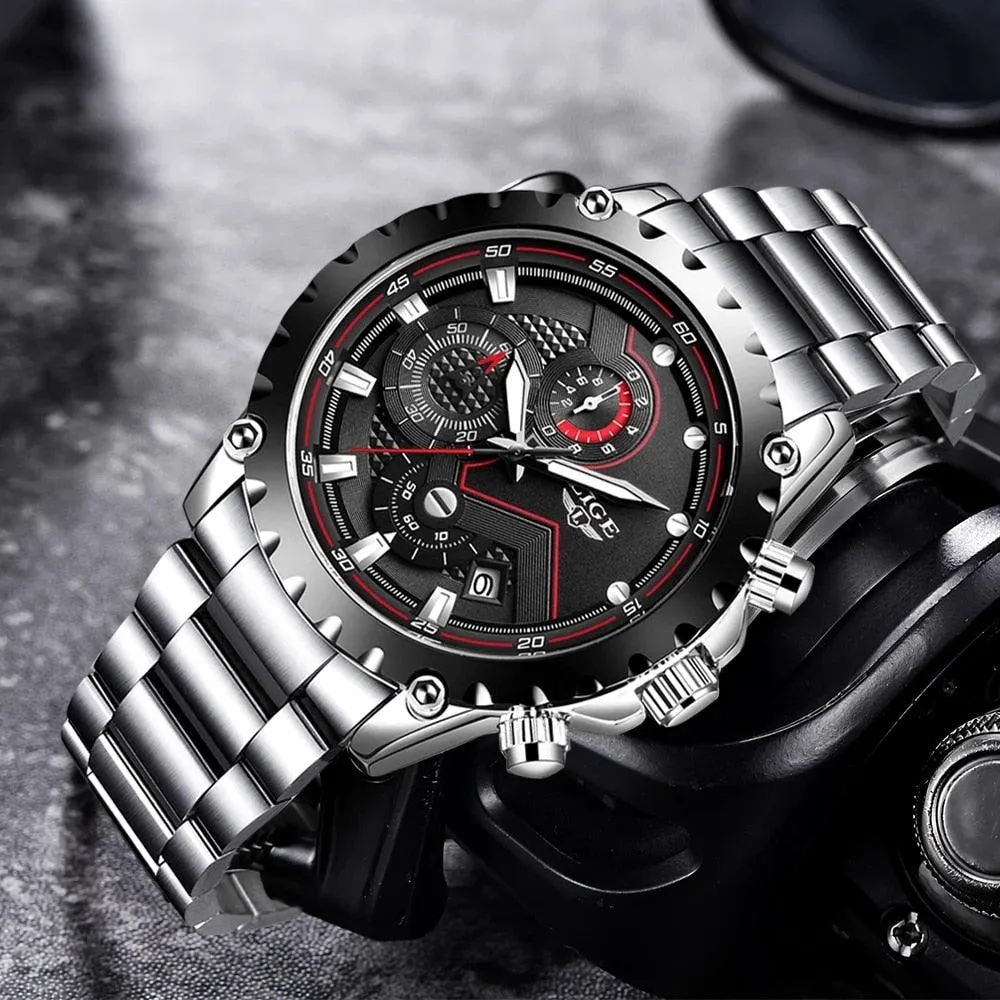 LIGE Fashion Mens Watches Top Luxury Brand Silver Stainless Steel 30m Waterproof Quartz Watch for Men Army Military Chronograph