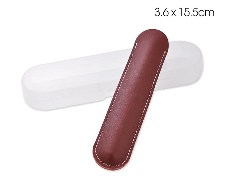 Luxury Leather Single Pen Holder with Transparent Case - Burgundy