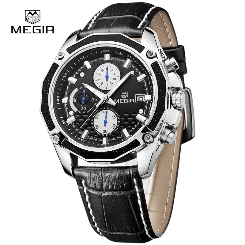 Megir fashion sport quartz watches men casual leather brand wristwatch man hot waterproof luminous stop watch for male hour