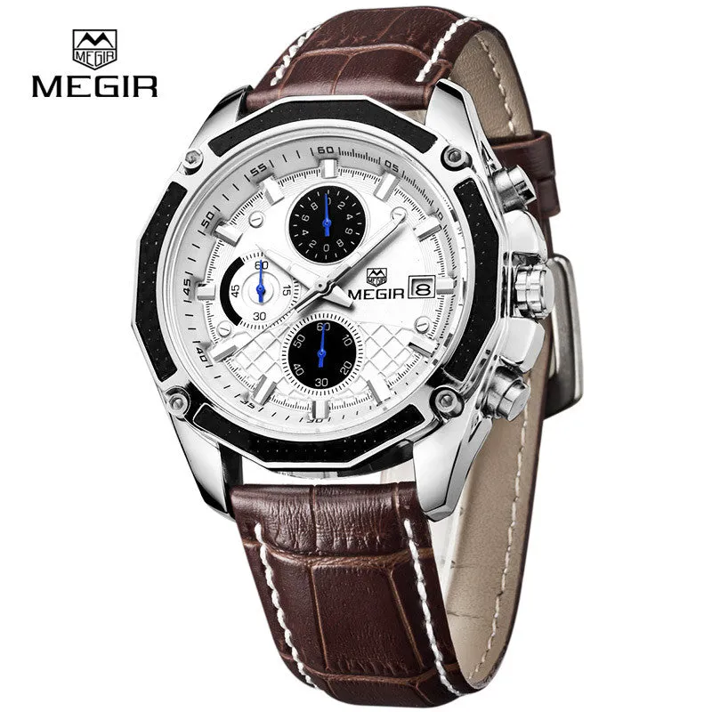 Megir fashion sport quartz watches men casual leather brand wristwatch man hot waterproof luminous stop watch for male hour